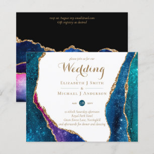 Peacock Blue Green Gold Agate Wedding Invite CHEAP