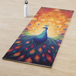 Peacock - Blue Green Pink Orange Yellow Feathers Yoga Mat