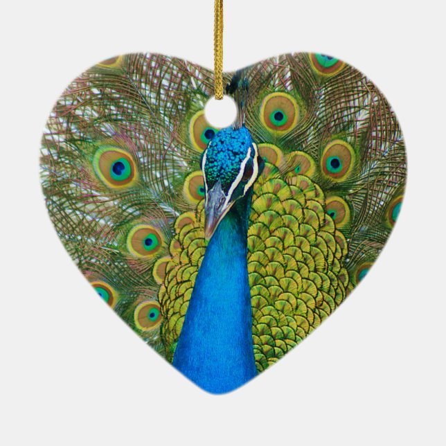 Peacock Blue Head with and Colourful Tail Feathers Ceramic Tree Decoration (Back)