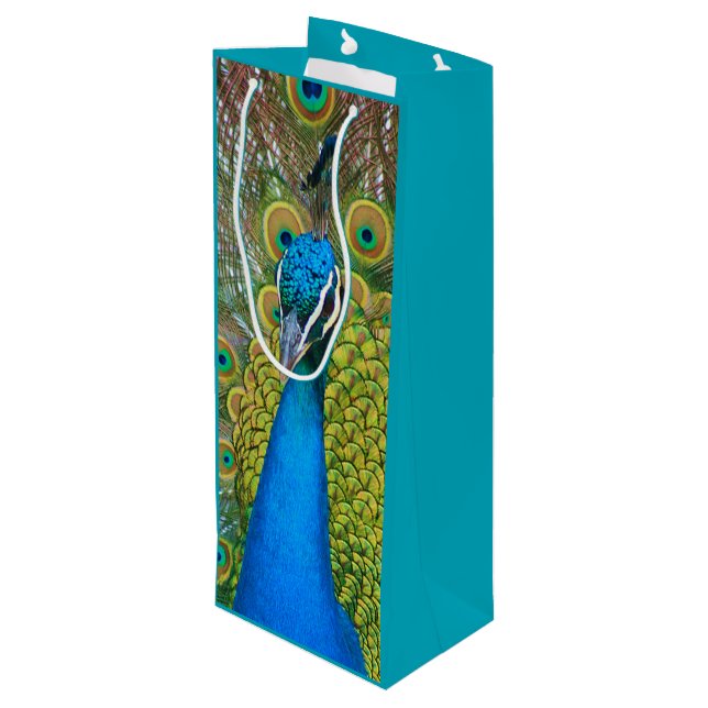 Peacock Blue Head with and Colourful Tail Feathers Wine Gift Bag (Back Angled)