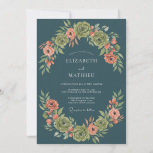 Peacock Blue Imperial Botanical Wedding Invitation