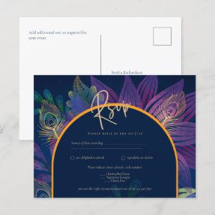 Peacock Blue Jewel Tones Floral Gold Text Wedding Postcard