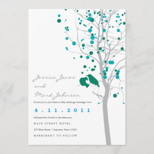 Peacock Blue Love Birds in Tree with Grey Leaves Invitation