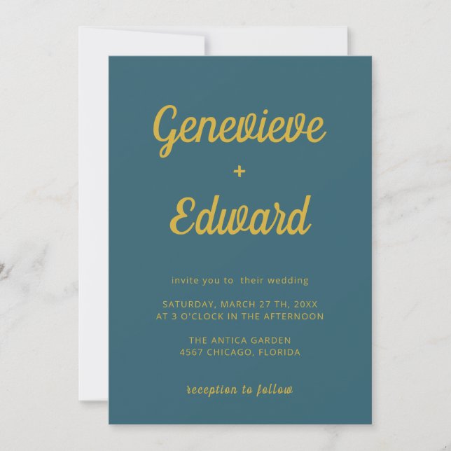 Peacock Blue Minimal Modern Calligraphy Wedding Invitation (Front)