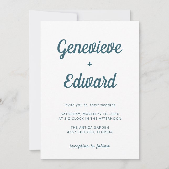 Peacock Blue Minimal Modern Calligraphy Wedding Invitation (Front)