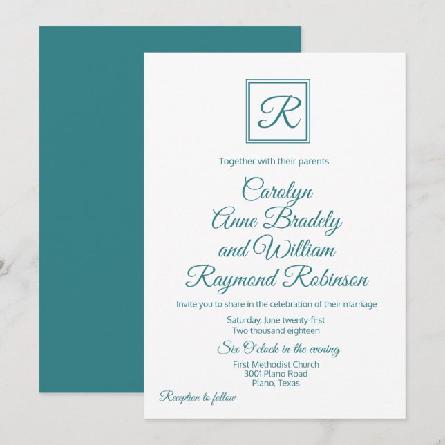 Peacock  Blue Monogrammed Wedding Invitation (Front/Back)