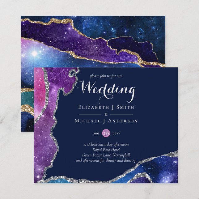 Peacock Blue Pink Agate Wedding Invite BUDGET (Front/Back)