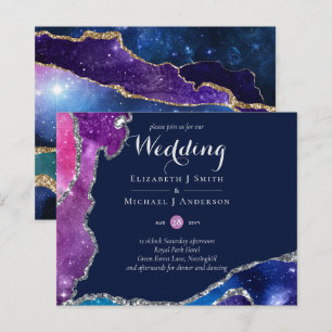 Peacock Blue Pink Agate Wedding Invite BUDGET