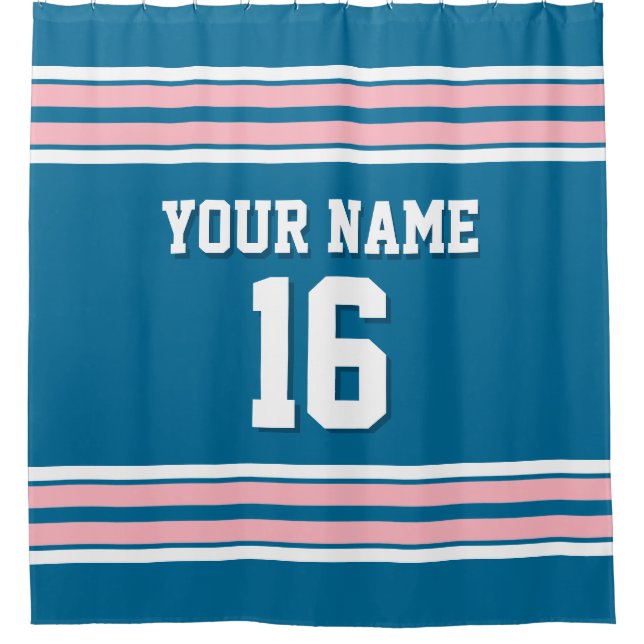 Peacock Blue, Pink White Stripes Sports Jersey Shower Curtain (Front)