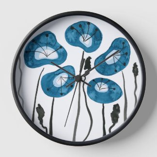 Peacock Blue Poppies, Abstract Watercolor Flowers Clock