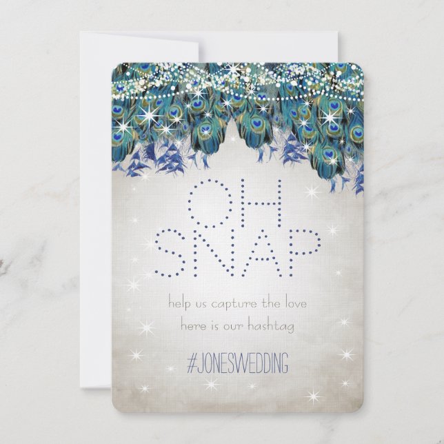 Peacock Blue Silver OH Snap Wedding Hashtag Card (Front)