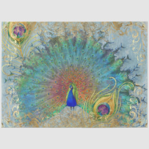 Peacock Blue Teal Gold Rococo Scroll Feathers Tissue Paper
