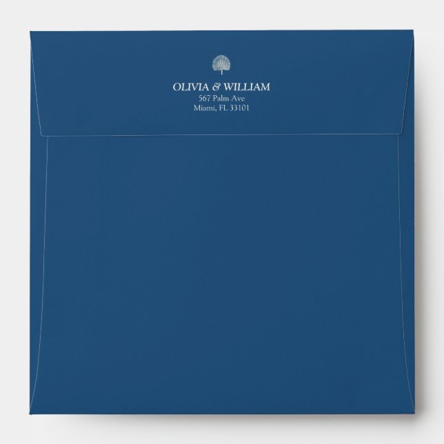 Peacock Blue Tropical Palm Square Wedding Envelope (Back (Top Flap))
