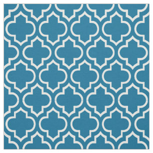 Peacock Blue, White Moroccan Quatrefoil #6 Fabric