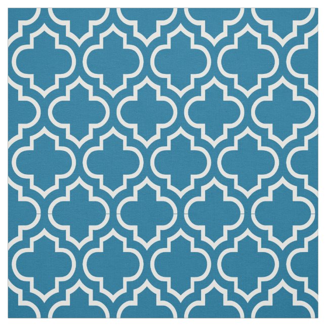 Peacock Blue, White Moroccan Quatrefoil #6 Fabric (Swatch)