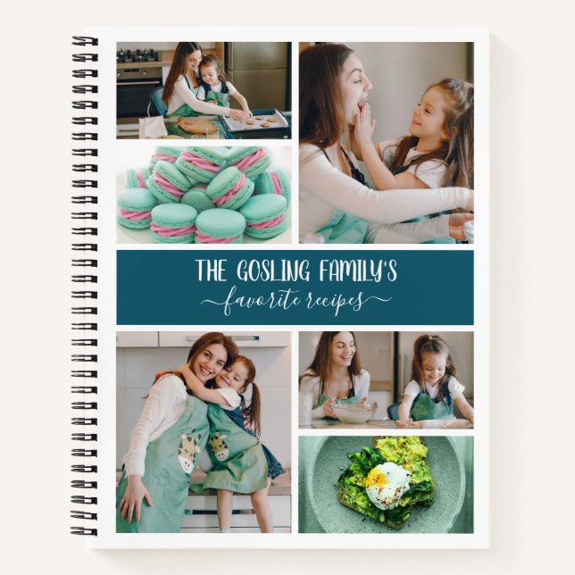 Peacock Blue White Photo Collage Family Recipes Notebook (Front)