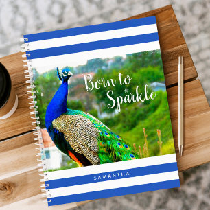 Peacock Blue White Stripes Born to Sparkle Modern Notebook