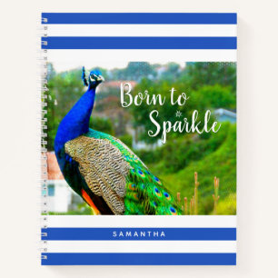 Peacock Blue White Stripes Born to Sparkle Modern Notebook