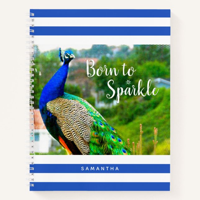 Peacock Blue White Stripes Born to Sparkle Modern Notebook (Front)