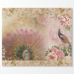 Peacock Blush Pink Peony Floral Gold Decoupage Wrapping Paper