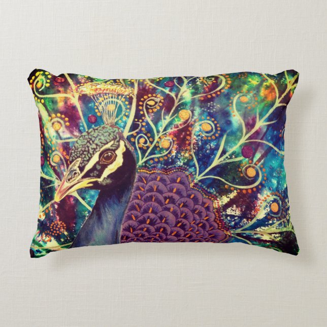 Peacock bohemian art colourful boho purple gold  decorative cushion (Front)