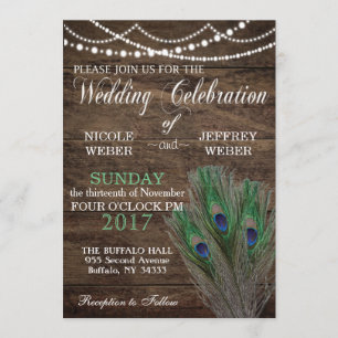 Peacock Boho Country Wood Wedding Invitation