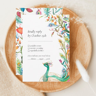Peacock Botanical Floral Vibrant Colourful RSVP Enclosure Card