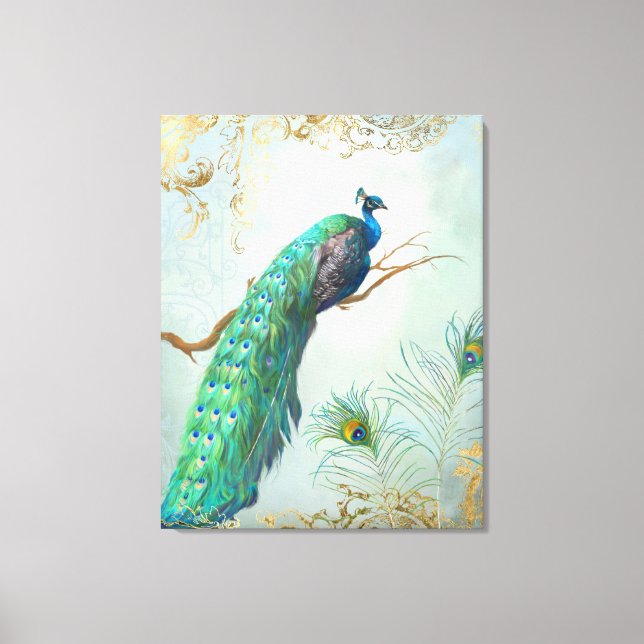 Peacock Branch Full Tail Feathers Gold Leaf Look Canvas Print (Front)