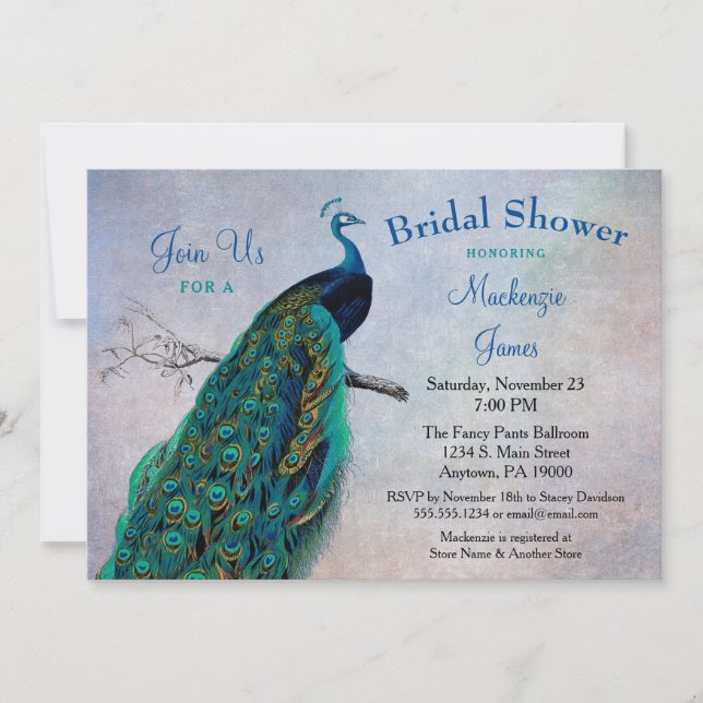 Peacock Bridal Shower Invitation Vintage Blue Bird (Front)