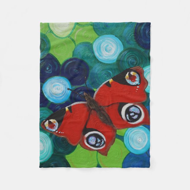 Peacock Butterfly and Flowers Painting Fleece Blanket (Front)