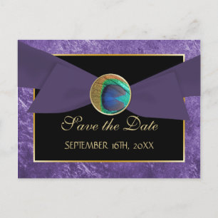 Peacock Button & Bow SAVE THE DATE Postcard-Blue Announcement Postcard