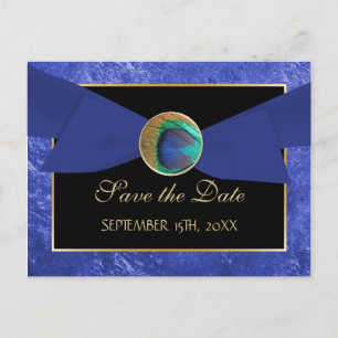 Peacock Button & Bow SAVE THE DATE Postcard-Blue Announcement Postcard