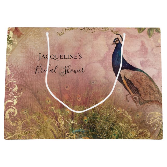 Peacock Chinoiserie Peony Floral Bridal Shower Large Gift Bag (Front)