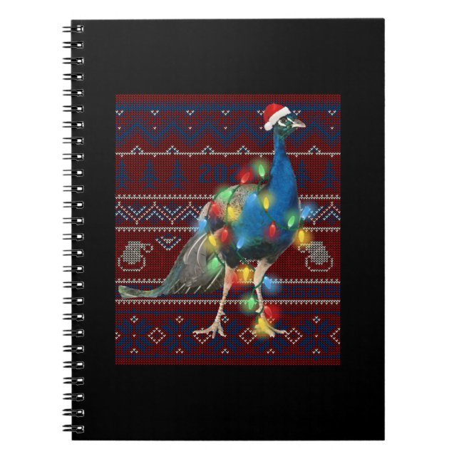 Peacock Christmas Lights Ugly Sweater Goat Lover Notebook (Front)