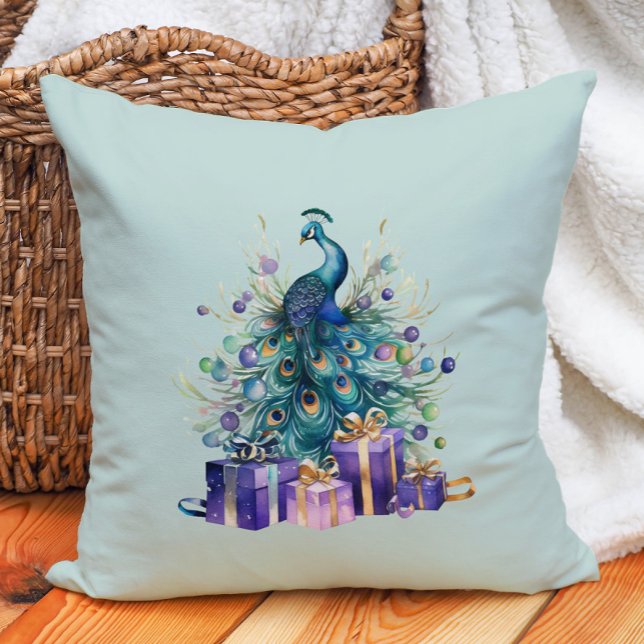 Peacock Christmas Purple Blue Teal Cushion (Purple and teal peacock Christmas decorator pillow.)