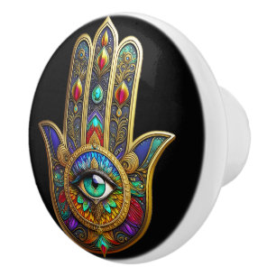 Peacock Color Flower Petals Hamsa Green Third Eye Ceramic Knob