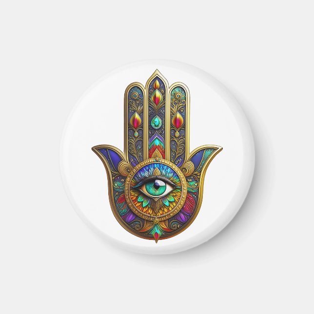 Peacock Color Flower Petals Hamsa Green Third Eye Magnet (Front)