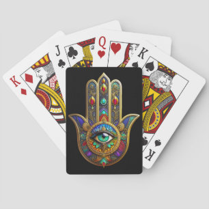 Peacock Color Flower Petals Hamsa Green Third Eye Playing Cards