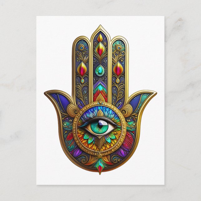 Peacock Color Flower Petals Hamsa Green Third Eye Postcard (Front)