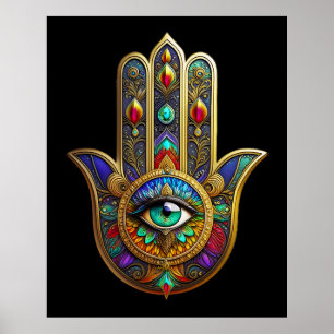 Peacock Color Flower Petals Hamsa Green Third Eye Poster
