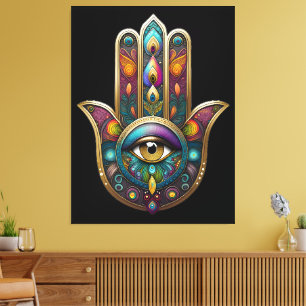 Peacock Colors Hamsa w/ Gold Third Eye Canvas Print