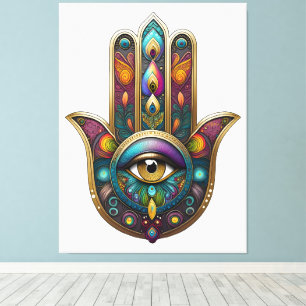 Peacock Colors Hamsa w/ Gold Third Eye Canvas Print