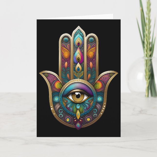 Peacock Colors Hamsa w/ Gold Third Eye Card (Front)