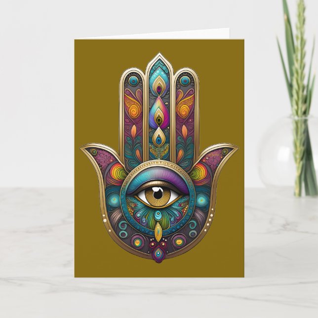 Peacock Colors Hamsa w/ Gold Third Eye Card (Front)
