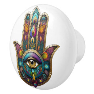 Peacock Colors Hamsa w/ Gold Third Eye Ceramic Knob