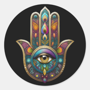 Peacock Colors Hamsa w/ Gold Third Eye Classic Round Sticker