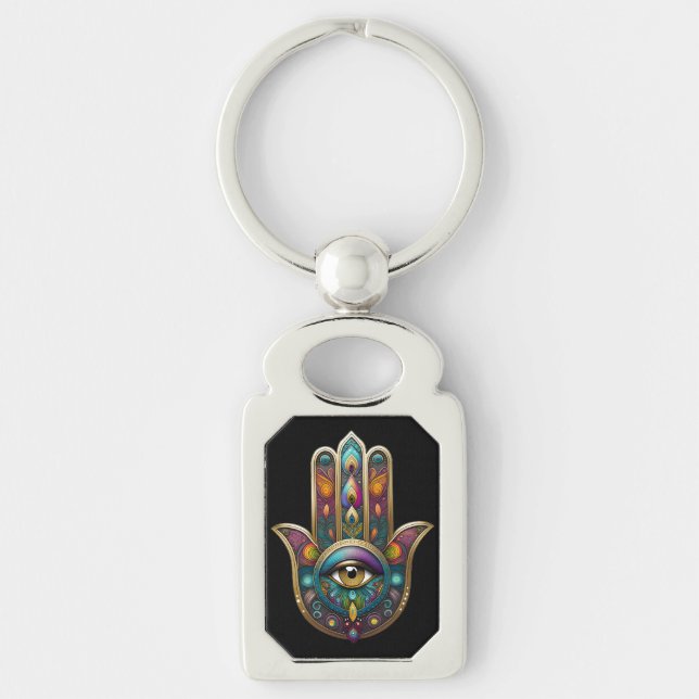 Peacock Colors Hamsa w/ Gold Third Eye Key Ring (Front)