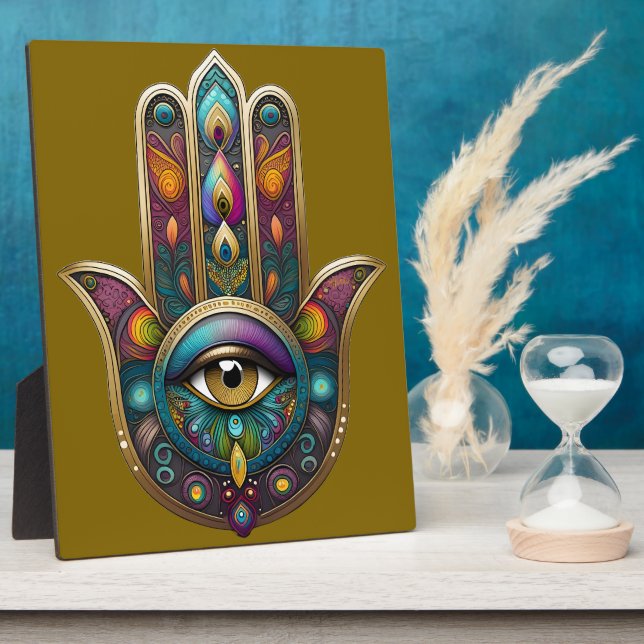 Peacock Colors Hamsa w/ Gold Third Eye Plaque (Side)