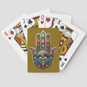 Peacock Colors Hamsa w/ Gold Third Eye Playing Cards