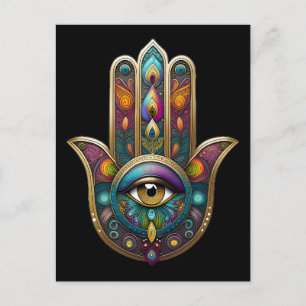 Peacock Colors Hamsa w/ Gold Third Eye Postcard
